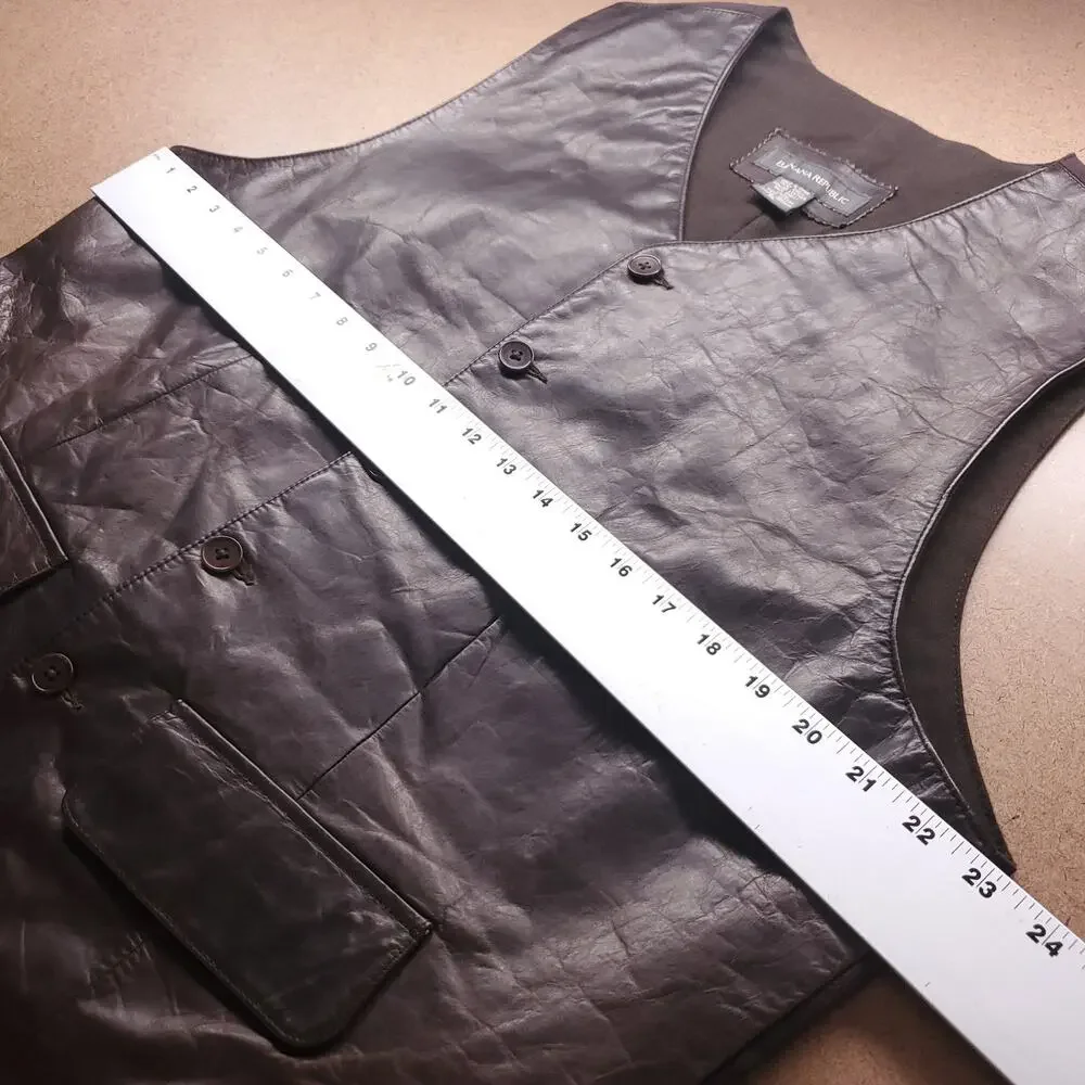Vtg 90s Banana Republic Leather Waistcoat Vest Men XL Dark Brown Western Rugged